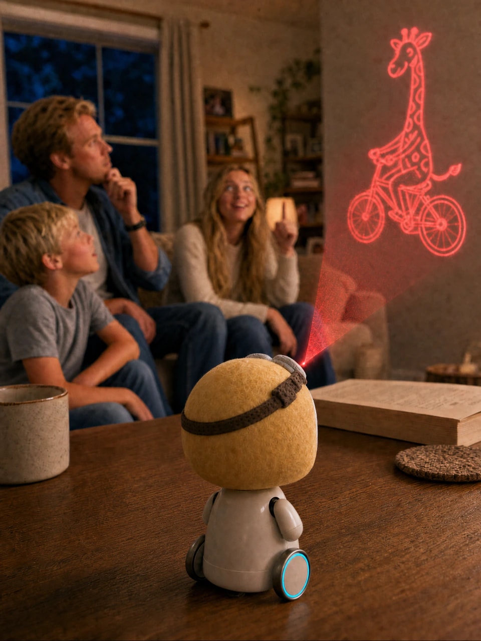 A family playing a drawing-and-guess game with AIKOKI