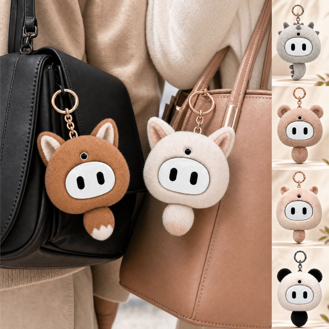 Soft AIKOKI keychain companions attached to handbags