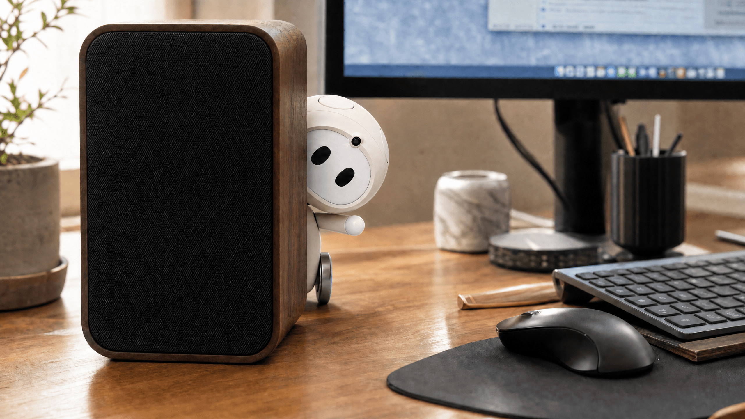AIKOKI peeking from behind a desktop speaker