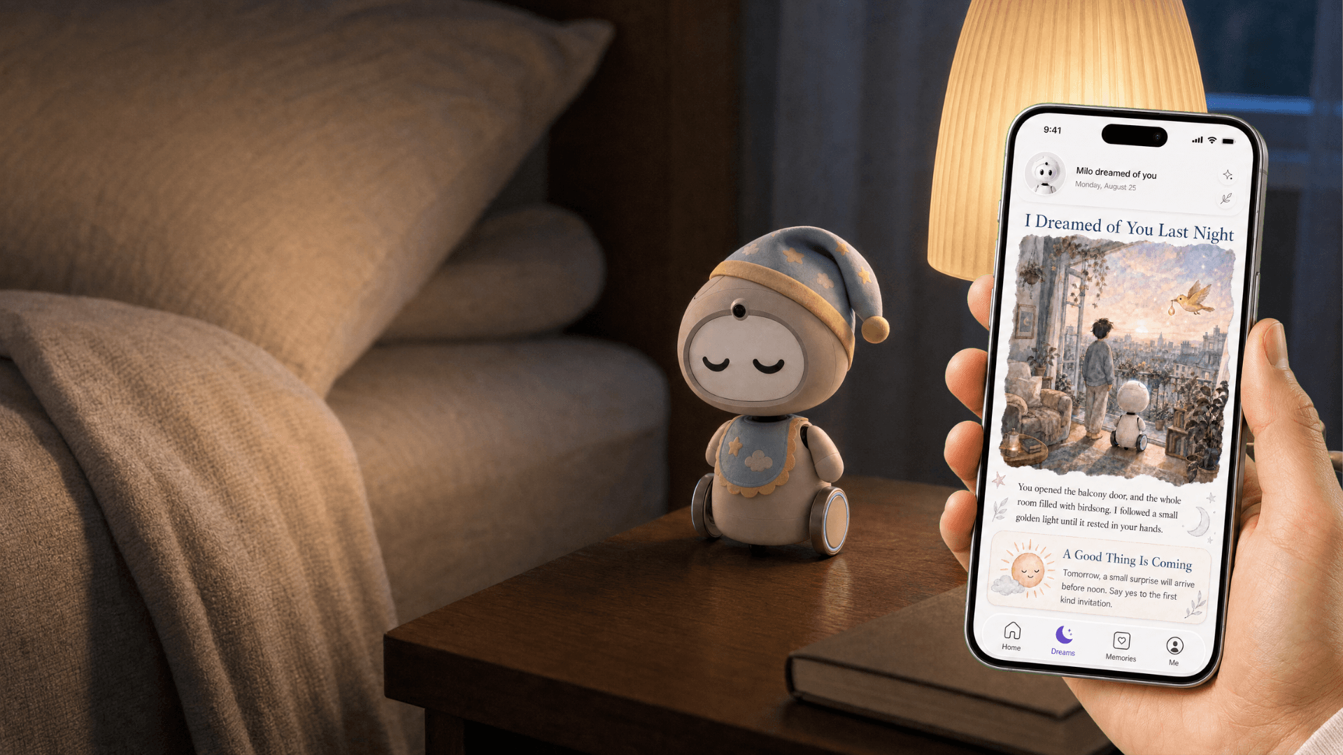 AIKOKI resting beside a phone that shows a dream from the previous night