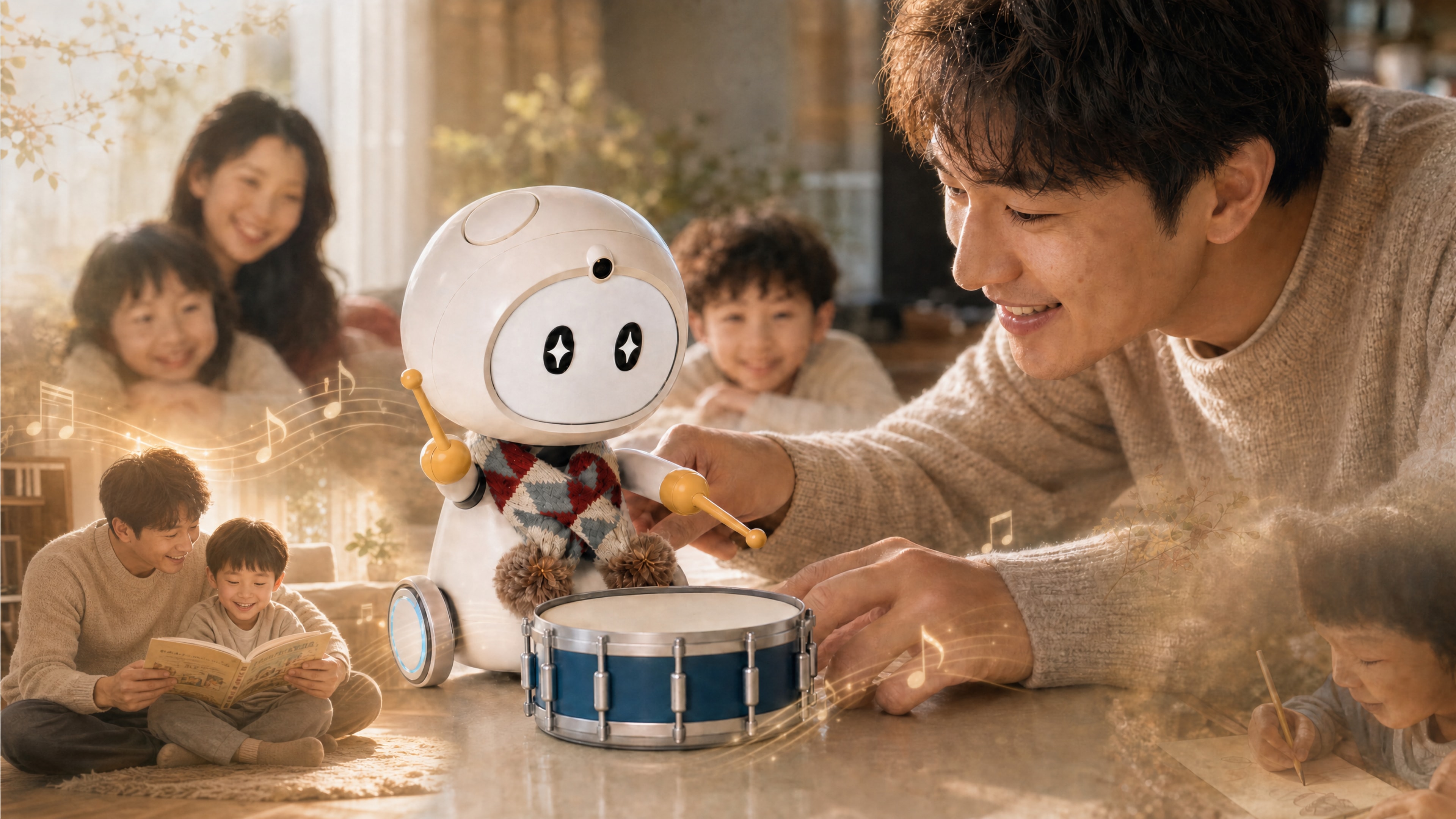 A family and AIKOKI making music together at home